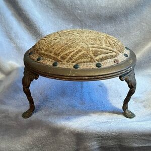 Antique Victorian petite iron and wood footstool; 3 legged foot rest or plateau